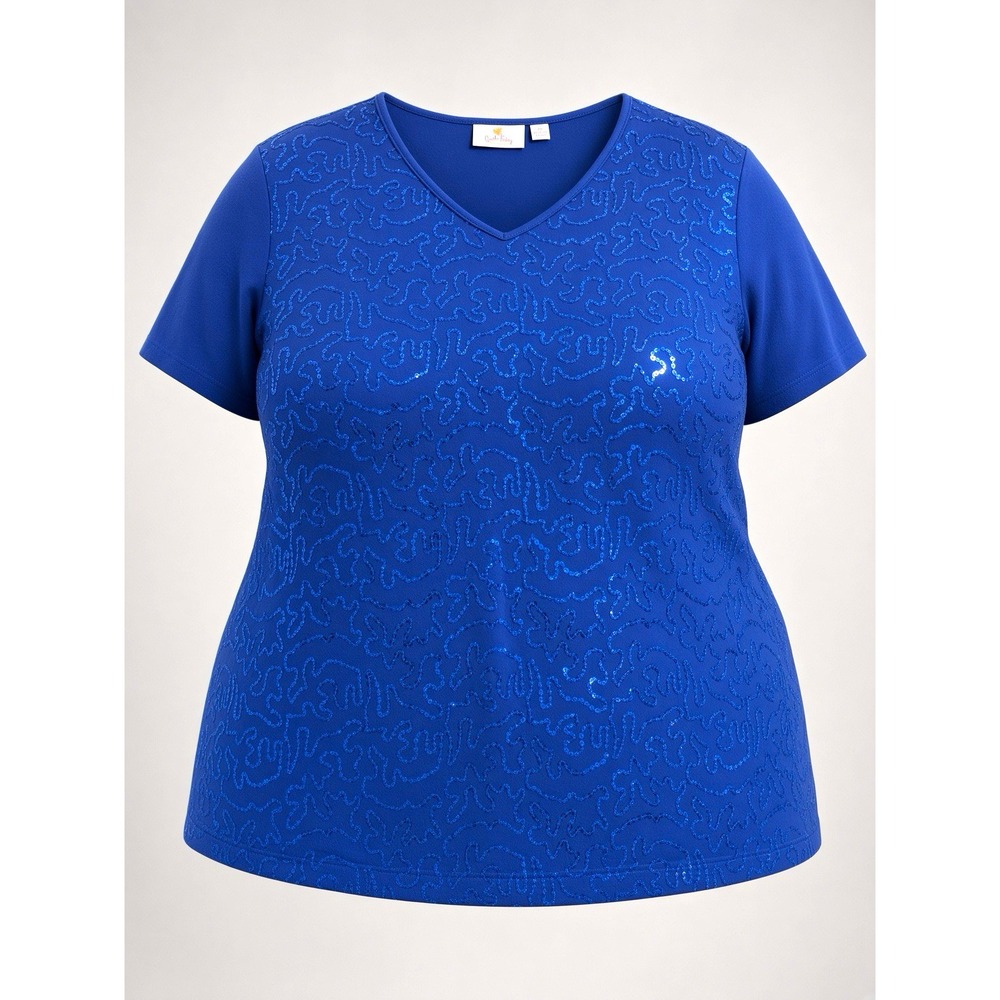 Quacker Factory Blue Sequin Top 2X V-Neck 3/4 Sleeve Knit Embellished